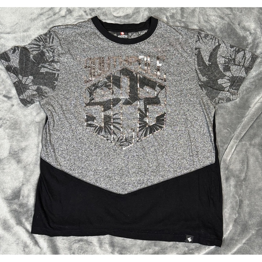 Southpole Shirt Mens Large Gray Black Color Block Palm Logo Graphic Crewneck Tee